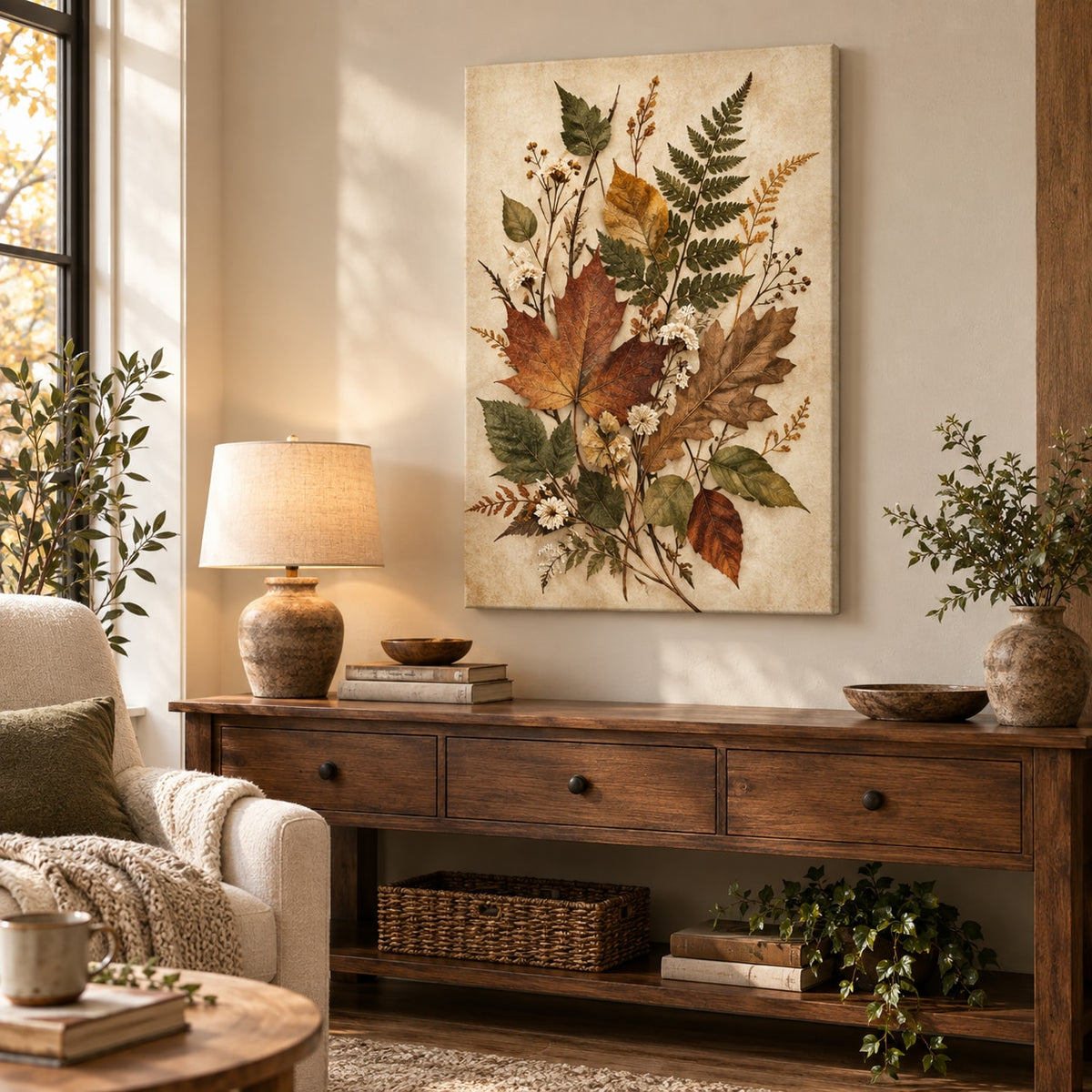 Pressed Woodland Leaves Stretched Canvas Wall Art with dimensional printed themed artwork; representative AI-generated mockup.