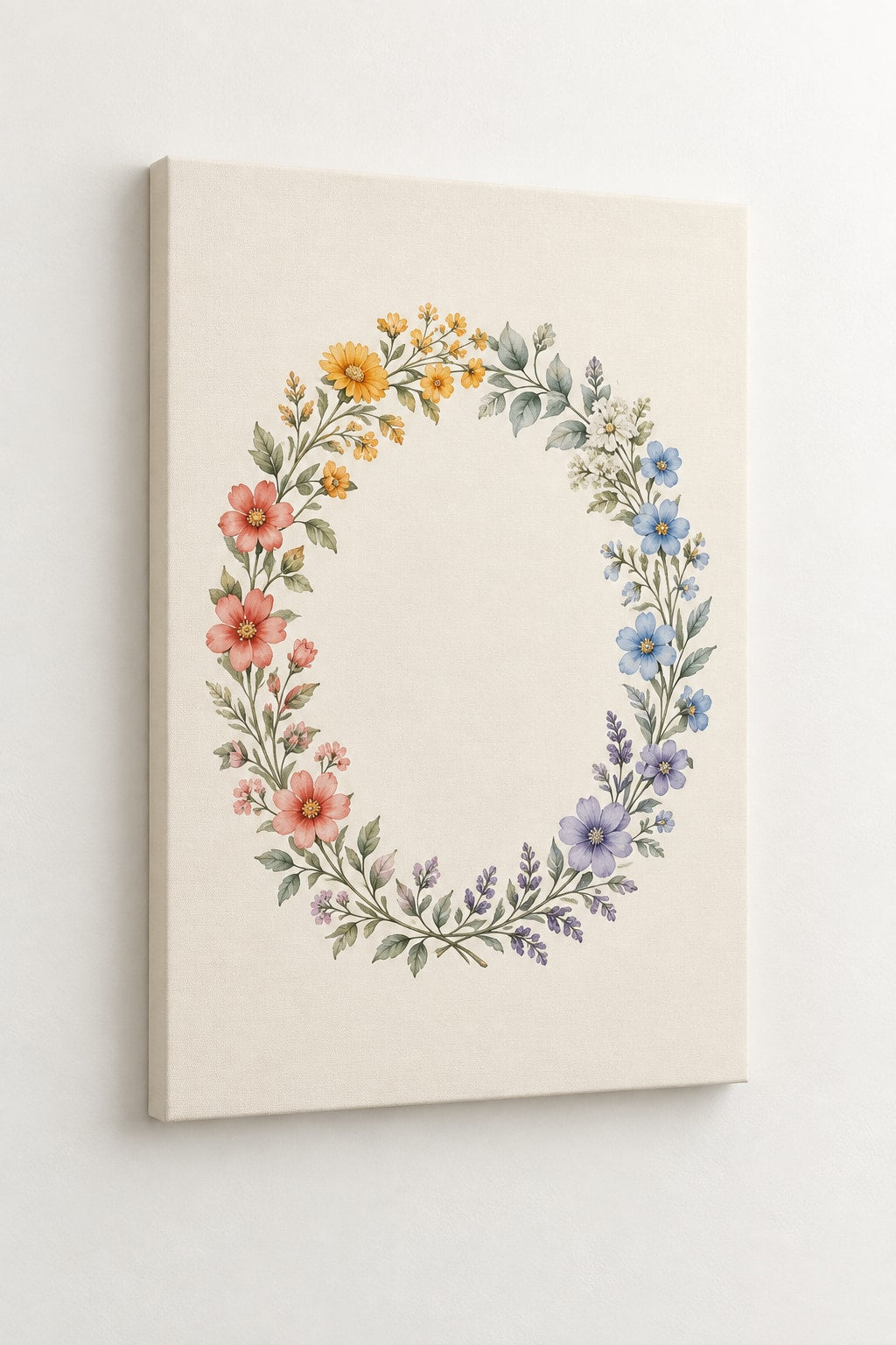 Rainbow Garden Celebration Wreath Stretched Canvas Wall Art with dimensional printed themed artwork; representative AI-generated mockup.