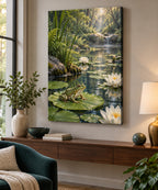 Frog Pond Stretched Canvas Wall Art with dimensional printed themed artwork; representative AI-generated mockup.