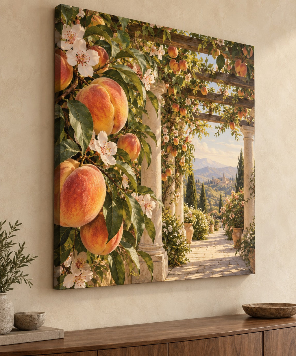 Peach Orchard Stretched Canvas Wall Art with dimensional printed themed artwork; representative AI-generated mockup.