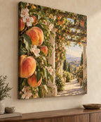 Peach Orchard Stretched Canvas Wall Art with dimensional printed themed artwork; representative AI-generated mockup.