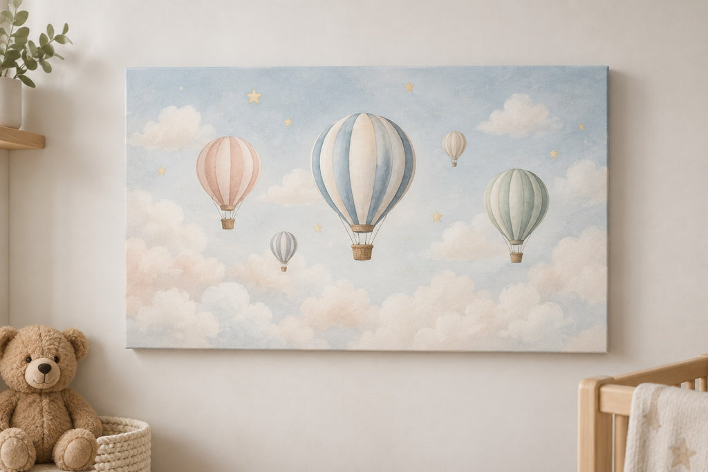Hot Air Balloon Sky Stretched Canvas Wall Art with dimensional printed themed artwork; representative AI-generated mockup.