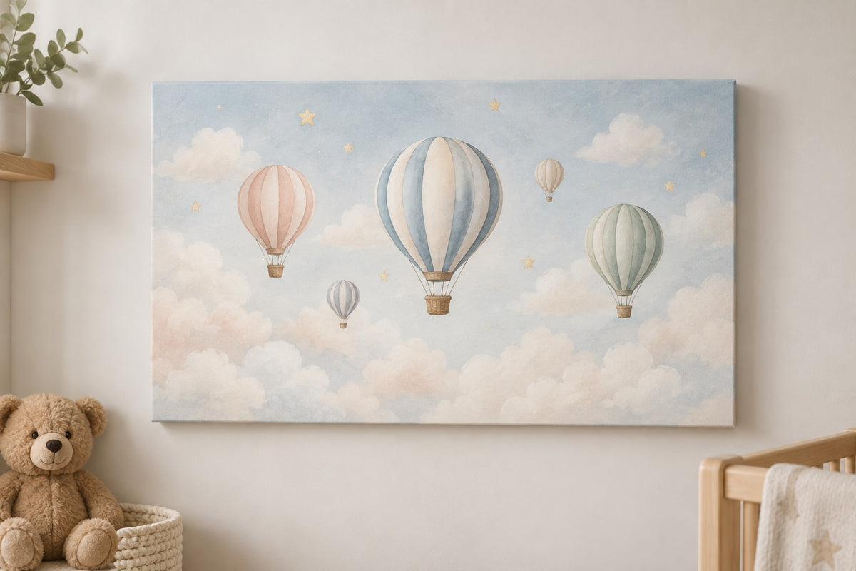 Hot Air Balloon Sky Stretched Canvas Wall Art with dimensional printed themed artwork; representative AI-generated mockup.