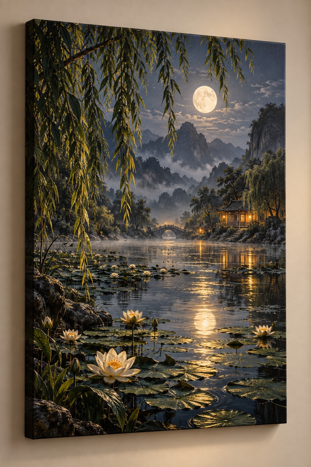 Moonlit Willow Pond Stretched Canvas Wall Art with dimensional printed themed artwork; representative AI-generated mockup.