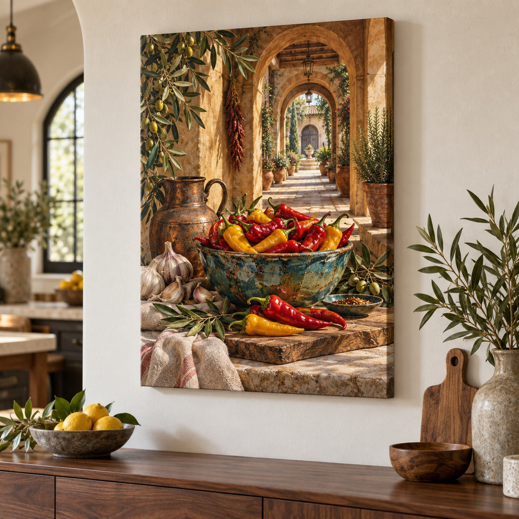 Chili Pepper Kitchen Stretched Canvas Wall Art with dimensional printed themed artwork; representative AI-generated mockup.