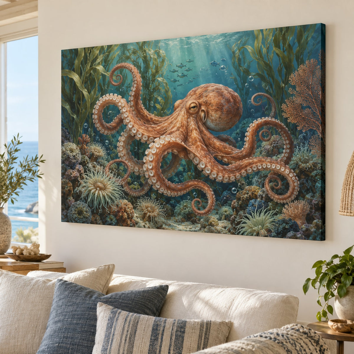 Octopus Garden Stretched Canvas Wall Art with dimensional printed themed artwork; representative AI-generated mockup.