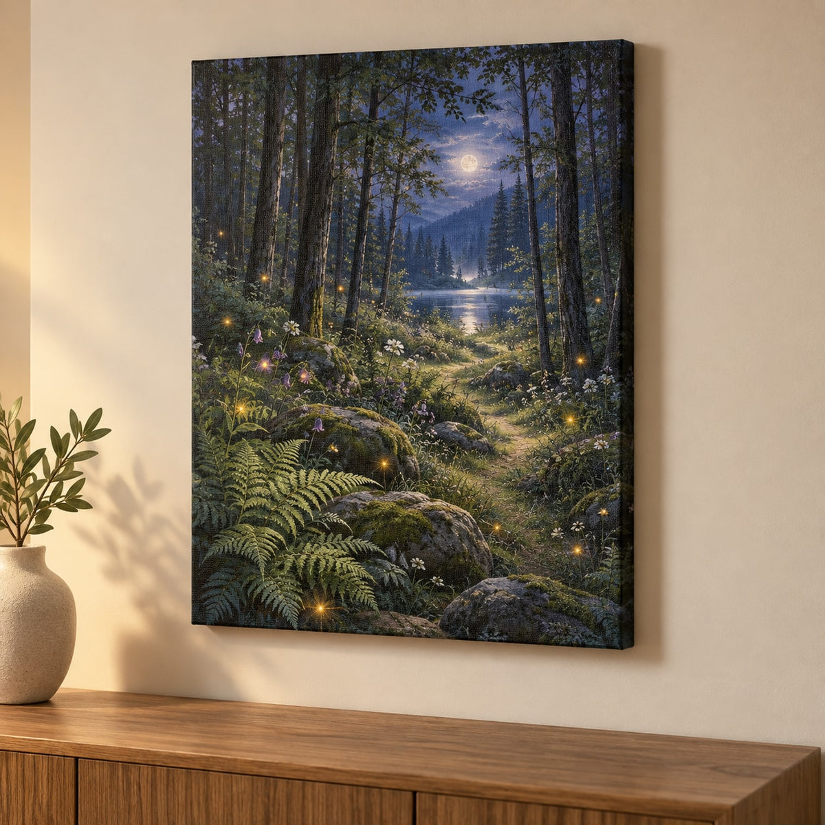 Firefly Clearing Stretched Canvas Wall Art with dimensional printed themed artwork; representative AI-generated mockup.
