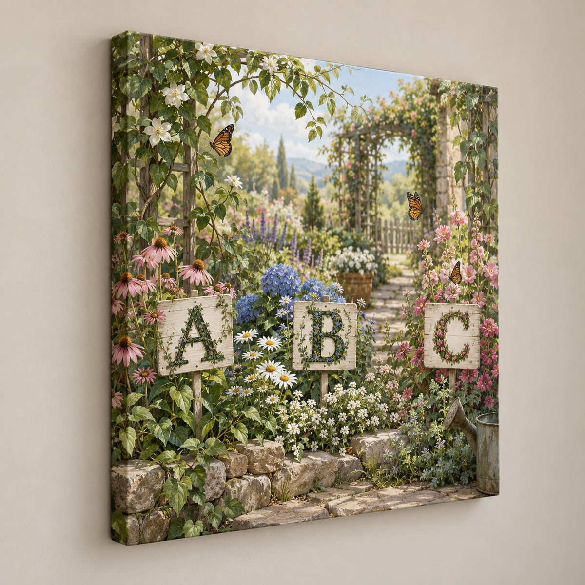 Alphabet Garden Stretched Canvas Wall Art with dimensional printed themed artwork; representative AI-generated mockup.