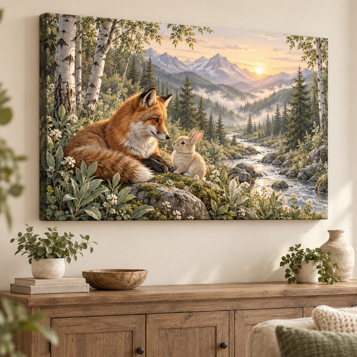 Sage Fox and Bunny Stretched Canvas Wall Art with dimensional printed themed artwork; representative AI-generated mockup.