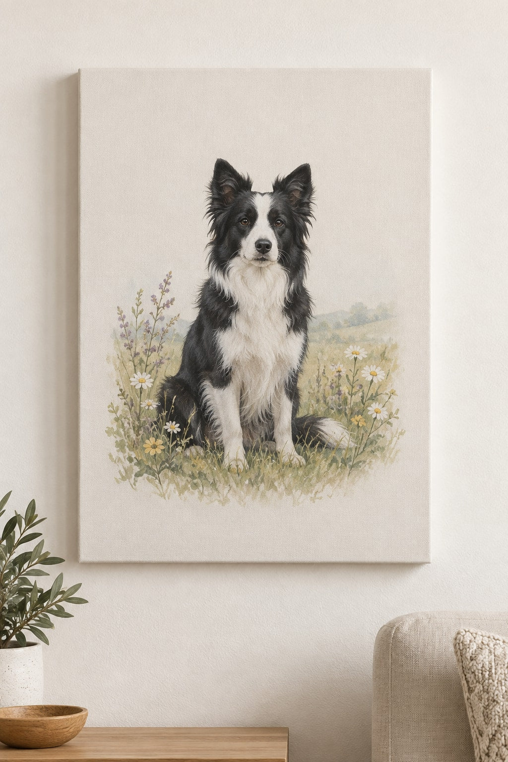 Border Collie Stretched Canvas Wall Art with dimensional printed themed artwork; representative AI-generated mockup.