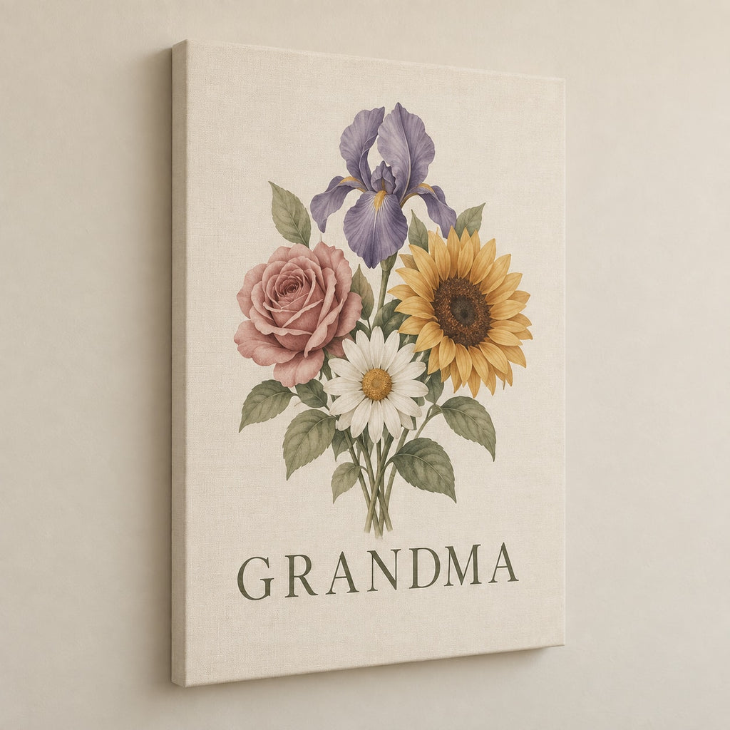 Grandmother Birth Flower Garden Stretched Canvas Wall Art with dimensional printed themed artwork; representative AI-generated mockup.