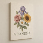 Grandmother Birth Flower Garden Stretched Canvas Wall Art with dimensional printed themed artwork; representative AI-generated mockup.
