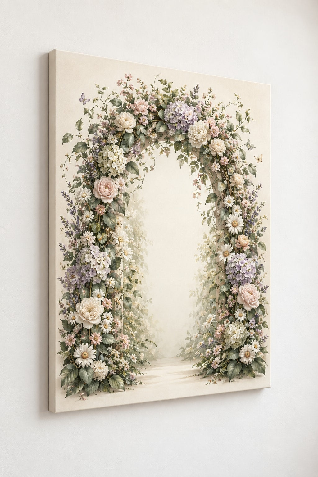 First Birthday Garden Arch Stretched Canvas Wall Art with dimensional printed themed artwork; representative AI-generated mockup.
