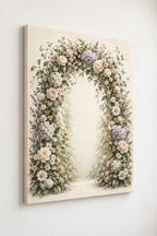 First Birthday Garden Arch Stretched Canvas Wall Art with dimensional printed themed artwork; representative AI-generated mockup.