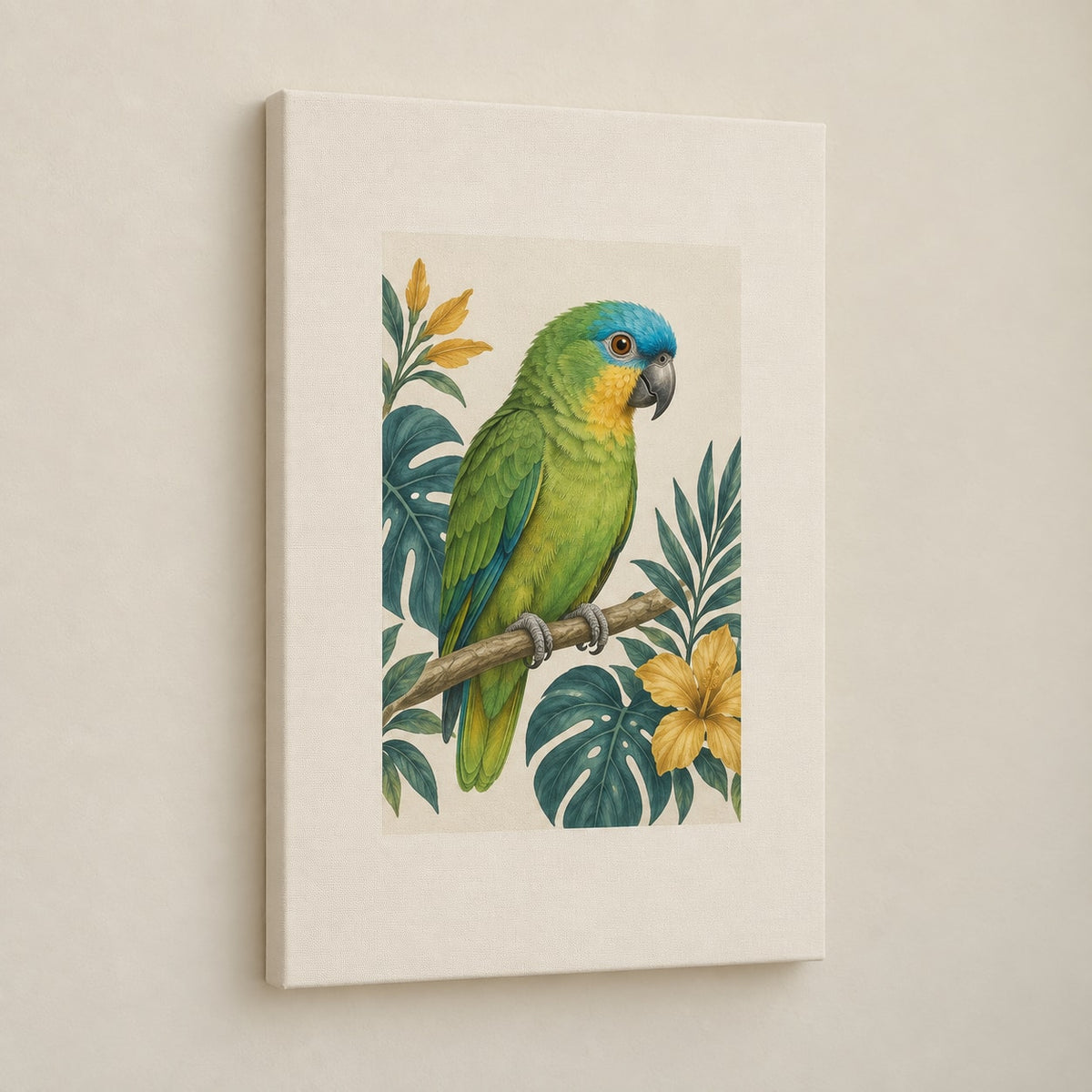 Parrot Companion Stretched Canvas Wall Art with dimensional printed themed artwork; representative AI-generated mockup.