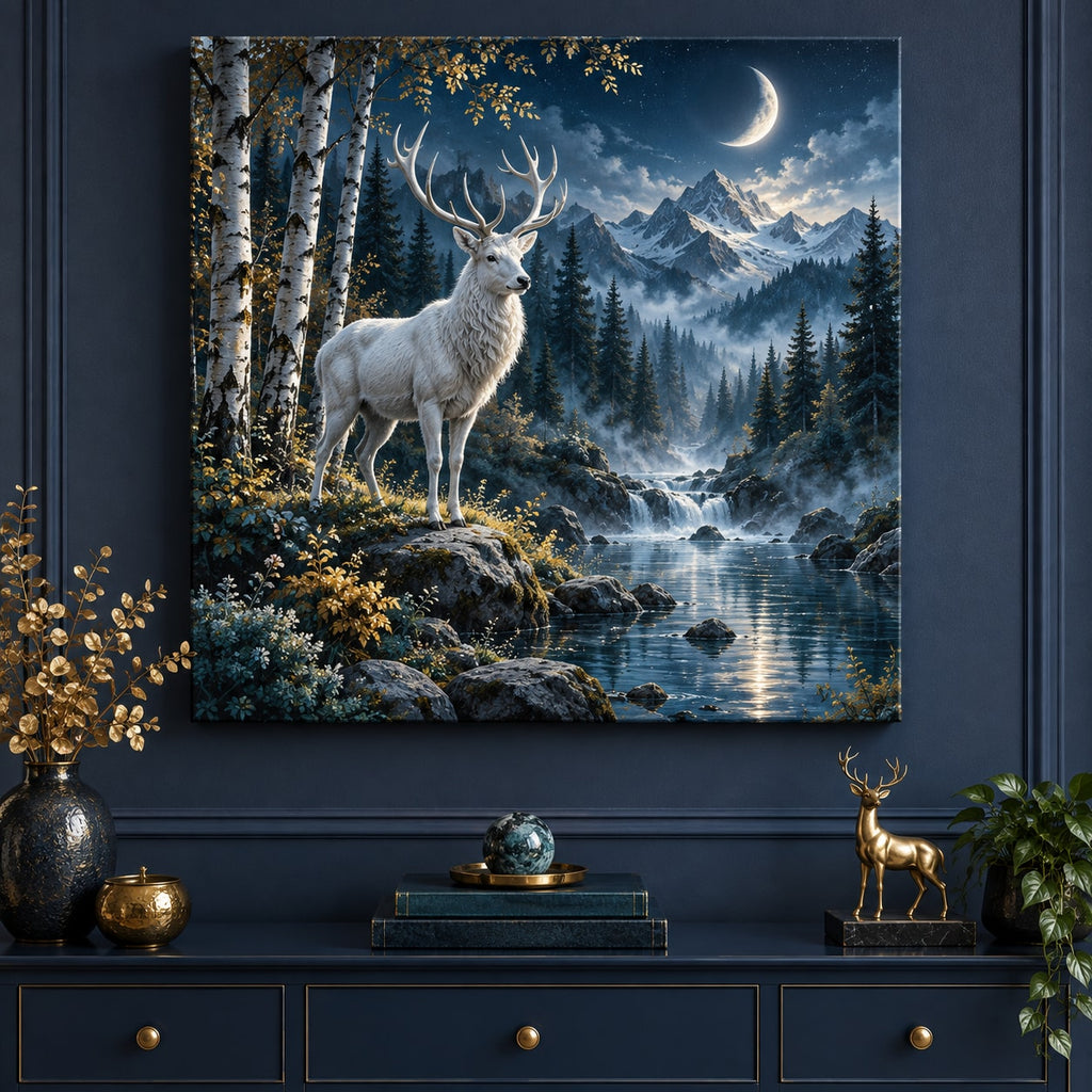 Moonlit White Stag Stretched Canvas Wall Art with dimensional printed themed artwork; representative AI-generated mockup.