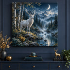 Moonlit White Stag Stretched Canvas Wall Art with dimensional printed themed artwork; representative AI-generated mockup.