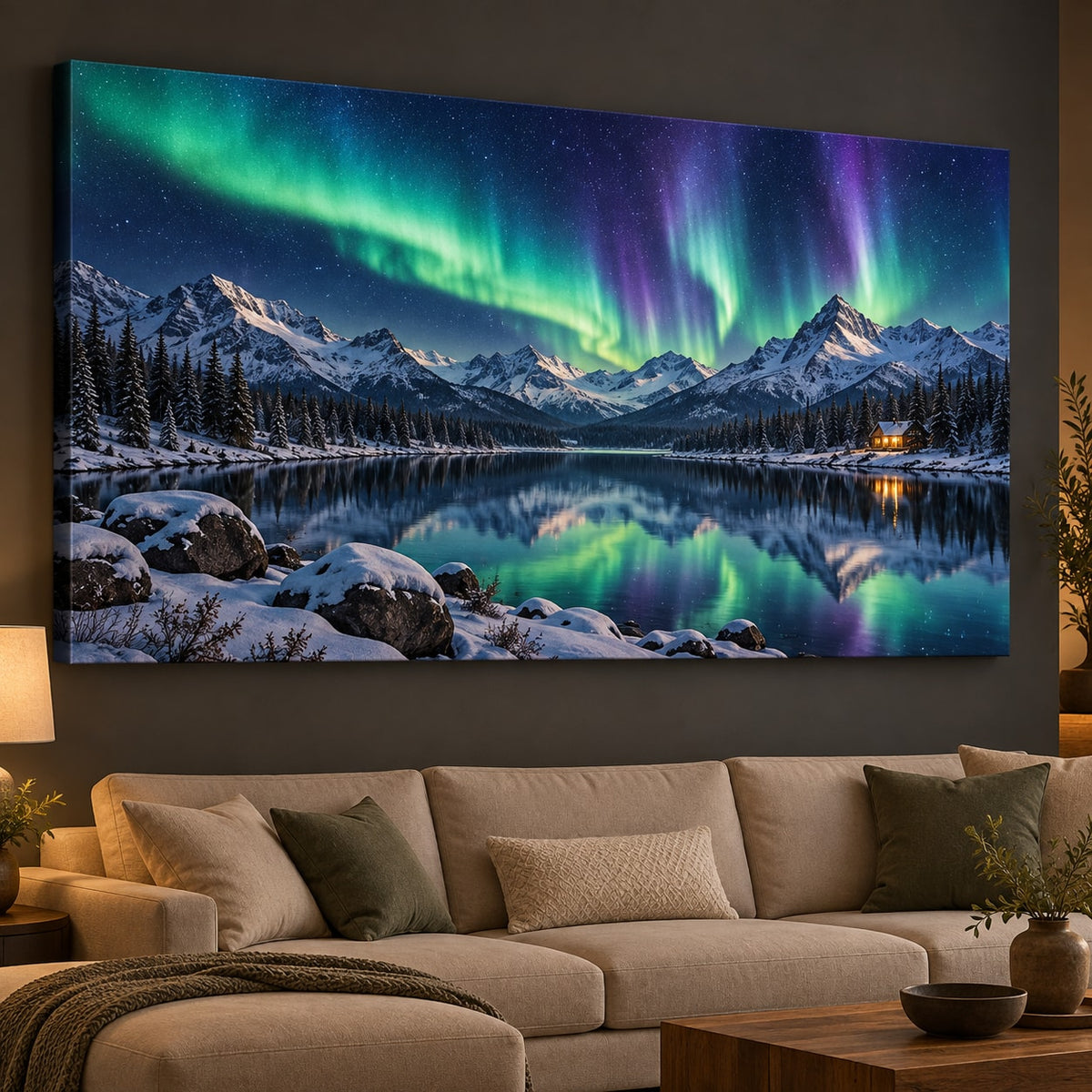 Northern Lights Stretched Canvas Wall Art with dimensional printed themed artwork; representative AI-generated mockup.