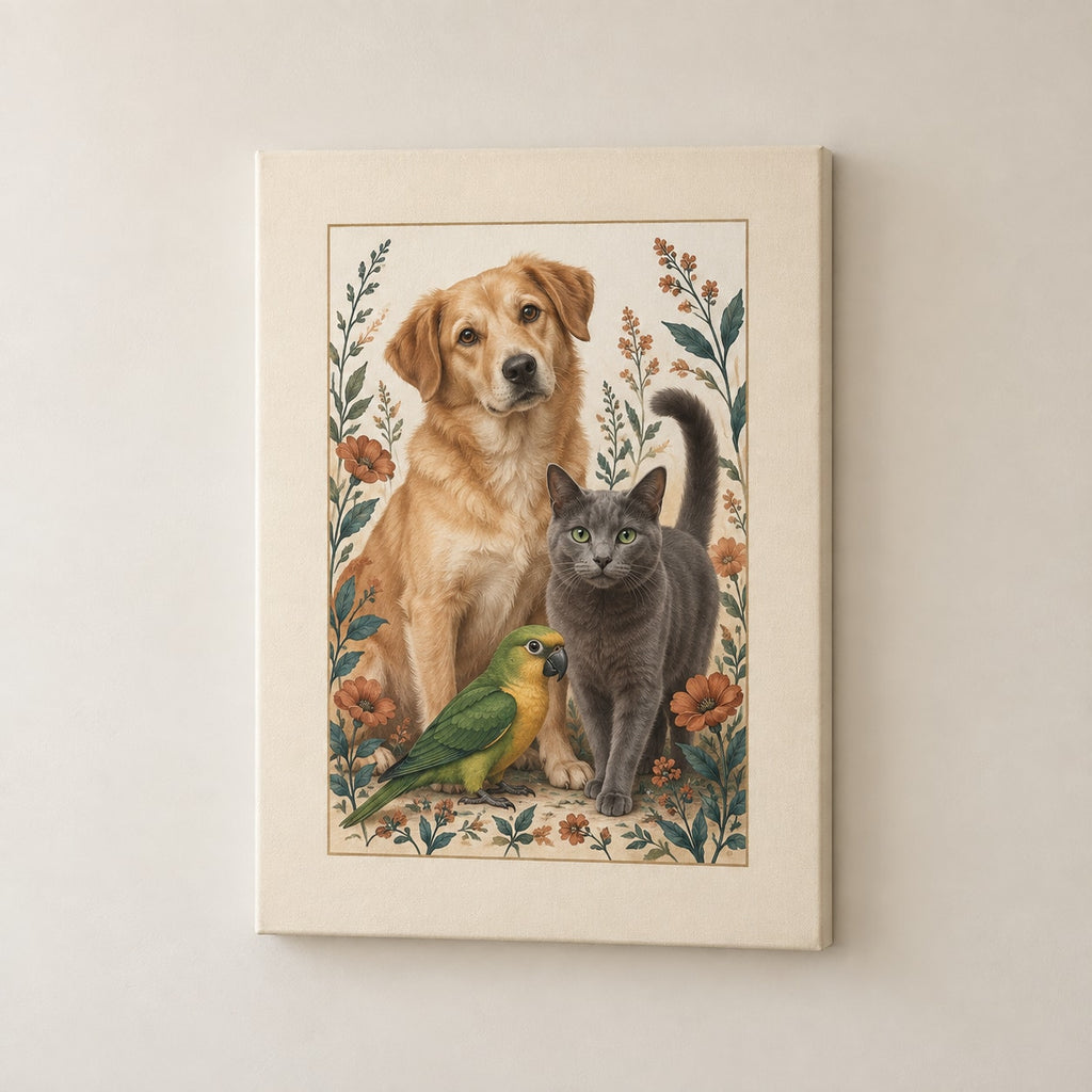 Multi Pet Household Stretched Canvas Wall Art with dimensional printed themed artwork; representative AI-generated mockup.