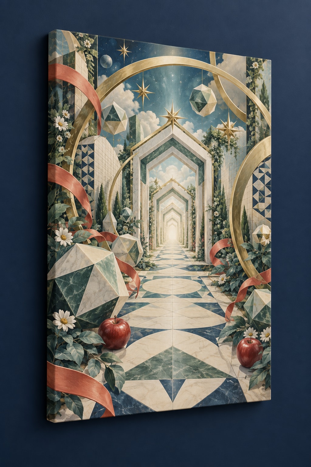 Geometric Wonder Observatory Stretched Canvas Wall Art with dimensional printed themed artwork; representative AI-generated mockup.
