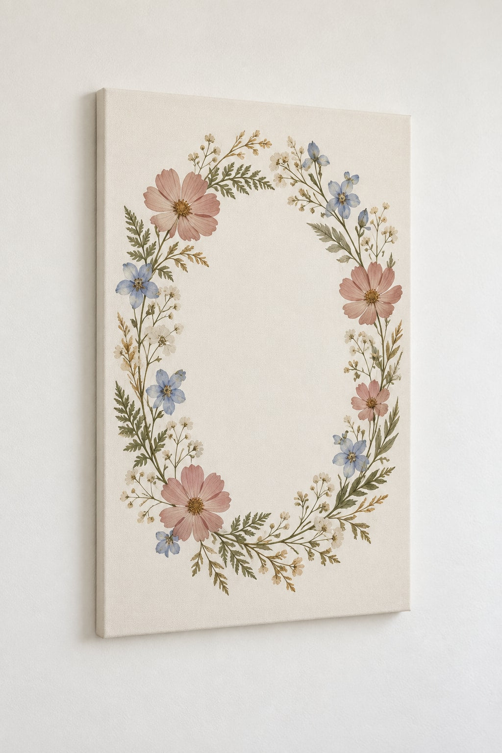 Pressed Flower Wedding Wreath Stretched Canvas Wall Art with dimensional printed themed artwork; representative AI-generated mockup.