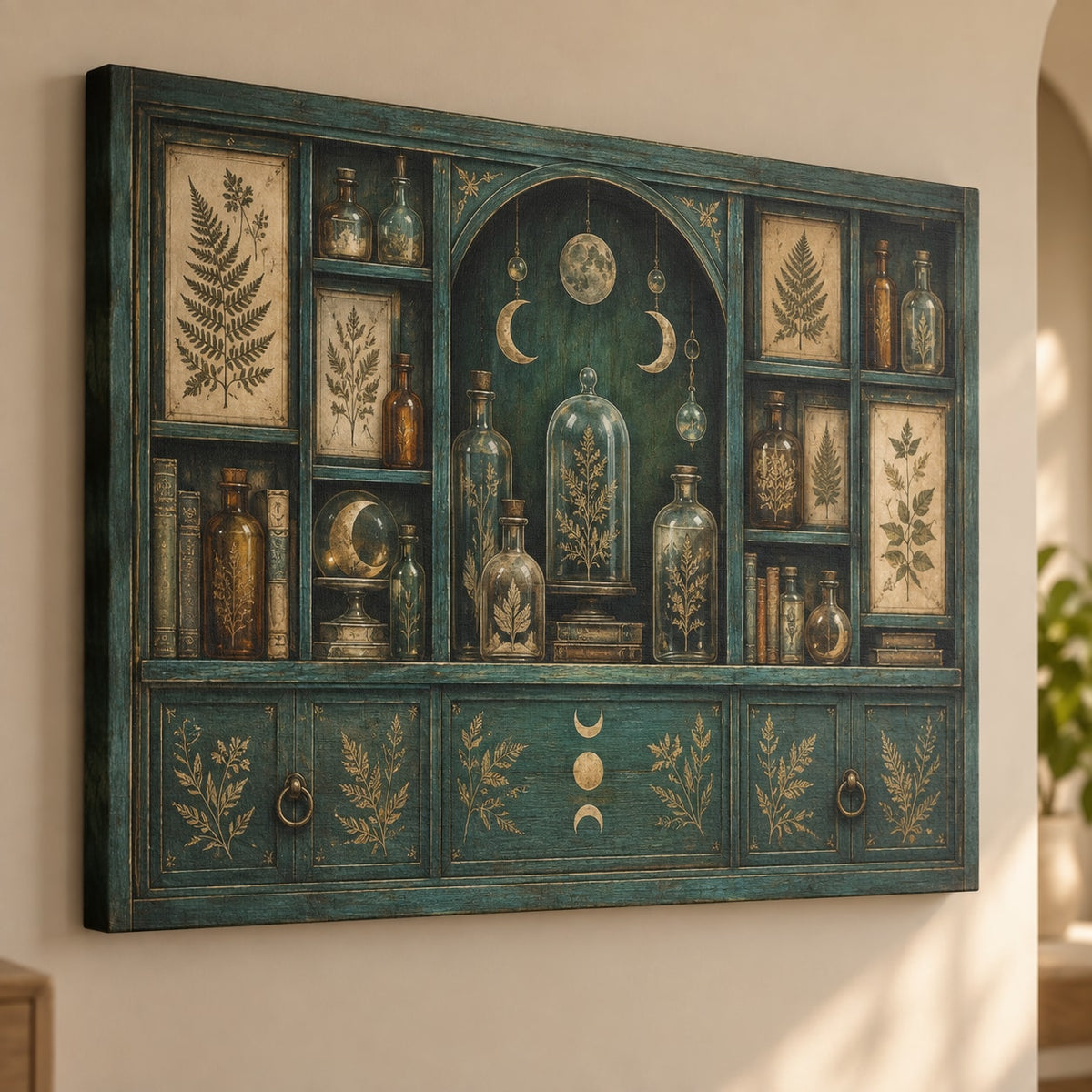 Alchemy Botanical Cabinet Stretched Canvas Wall Art with dimensional printed themed artwork; representative AI-generated mockup.