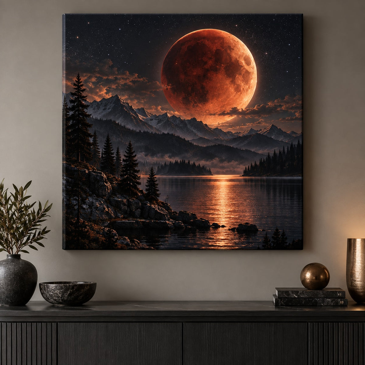 Lunar Eclipse Stretched Canvas Wall Art with dimensional printed themed artwork; representative AI-generated mockup.