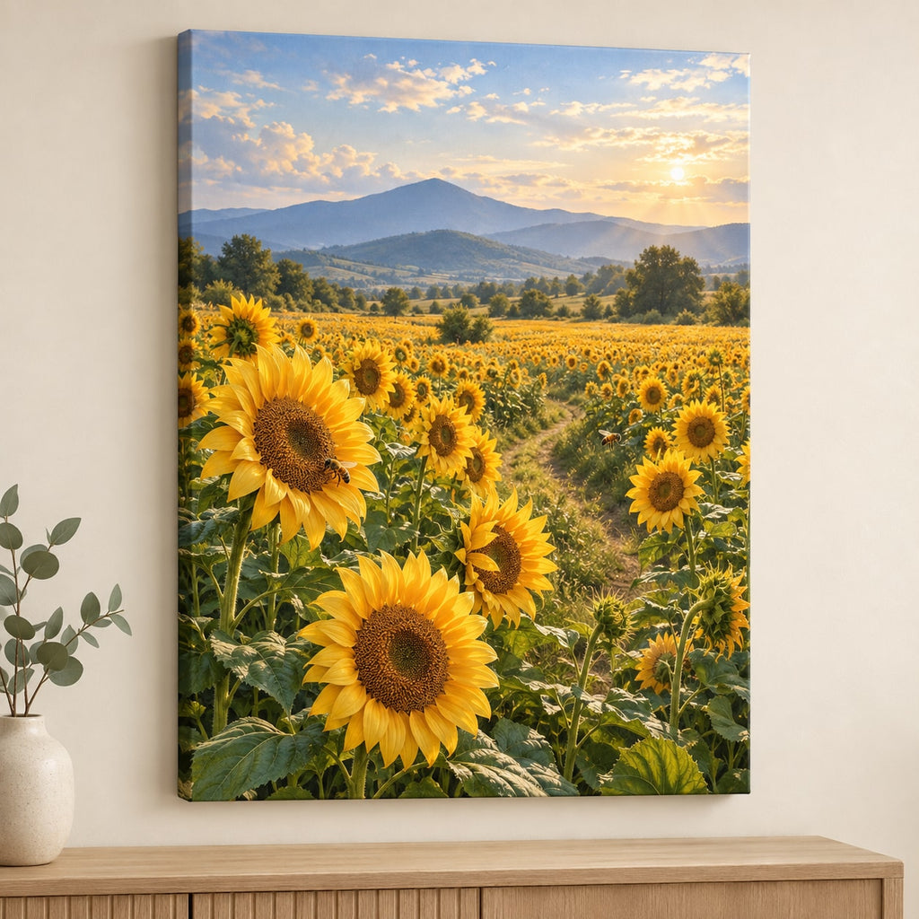 Sunflower Field Stretched Canvas Wall Art with dimensional printed themed artwork; representative AI-generated mockup.