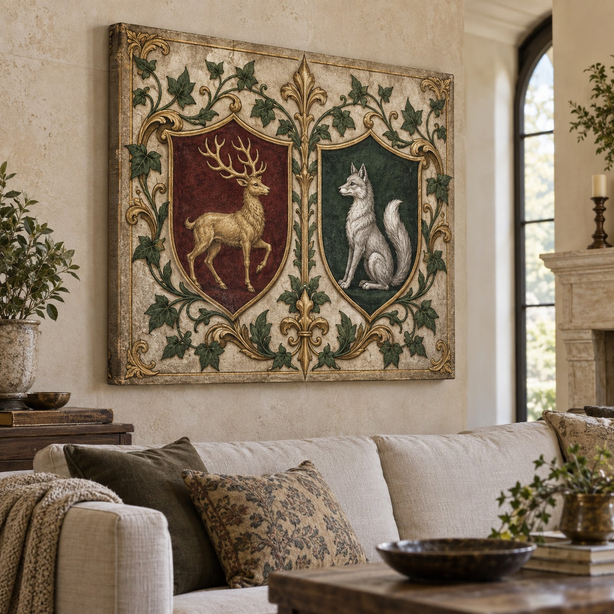 Medieval Heraldic Animals Stretched Canvas Wall Art with dimensional printed themed artwork; representative AI-generated mockup.