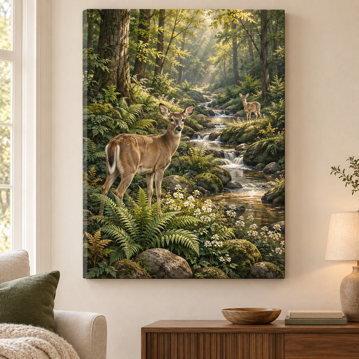 Deer and Ferns Stretched Canvas Wall Art with dimensional printed themed artwork; representative AI-generated mockup.
