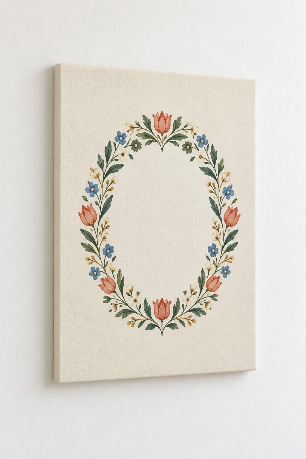 Folk Floral Wedding Wreath Stretched Canvas Wall Art with dimensional printed themed artwork; representative AI-generated mockup.