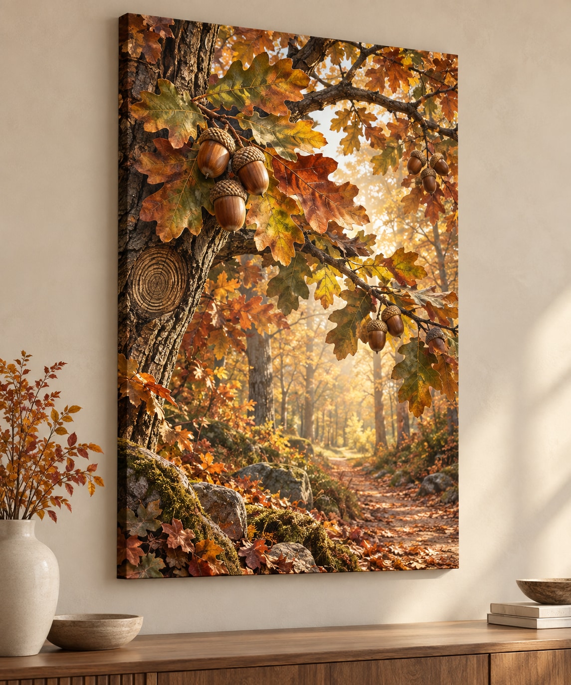 Acorns and Oak Leaves Stretched Canvas Wall Art with dimensional printed themed artwork; representative AI-generated mockup.