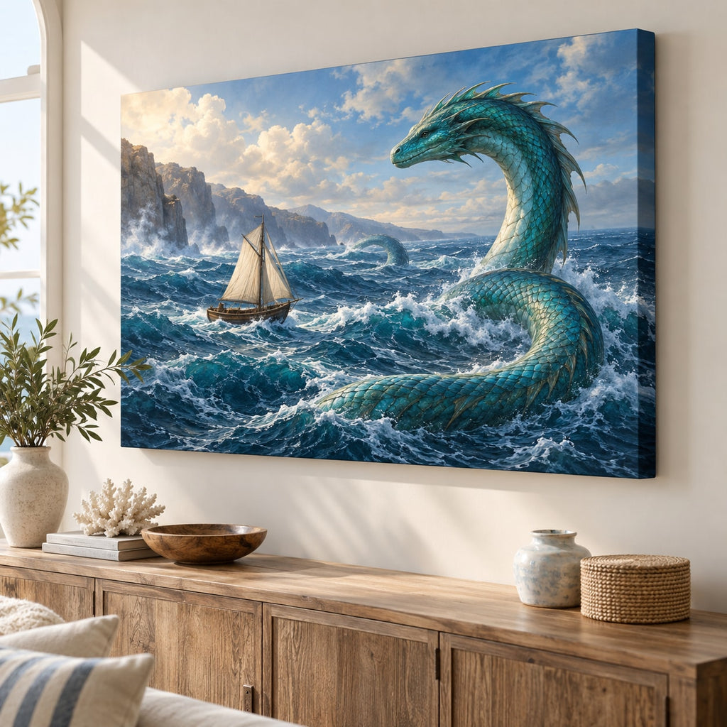 Sea Serpent Voyage Stretched Canvas Wall Art with dimensional printed themed artwork; representative AI-generated mockup.
