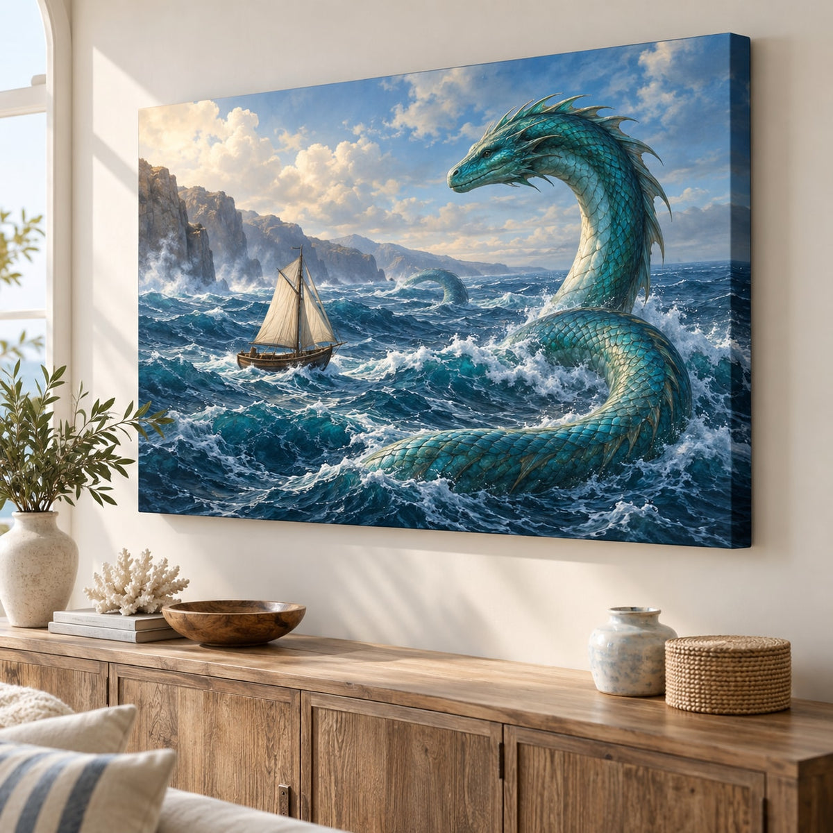 Sea Serpent Voyage Stretched Canvas Wall Art with dimensional printed themed artwork; representative AI-generated mockup.
