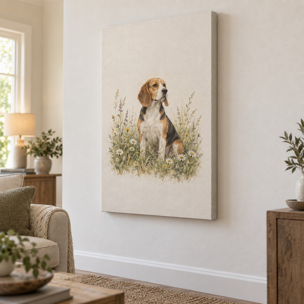 Beagle Stretched Canvas Wall Art with dimensional printed themed artwork; representative AI-generated mockup.