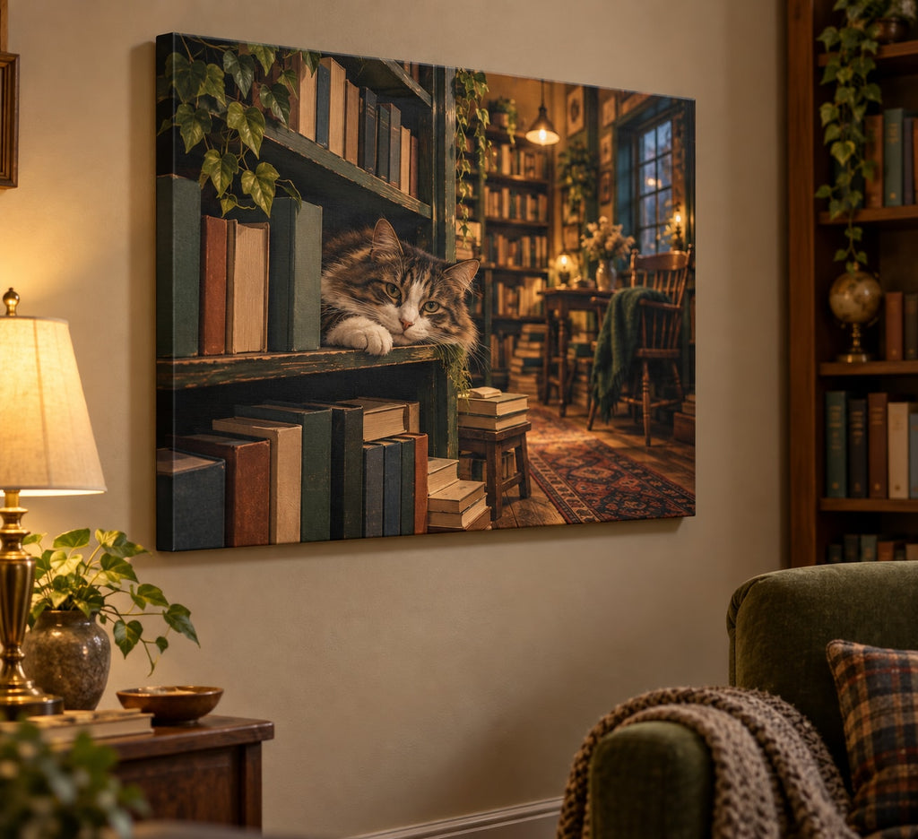 Cat in a Bookshop Stretched Canvas Wall Art with dimensional printed themed artwork; representative AI-generated mockup.