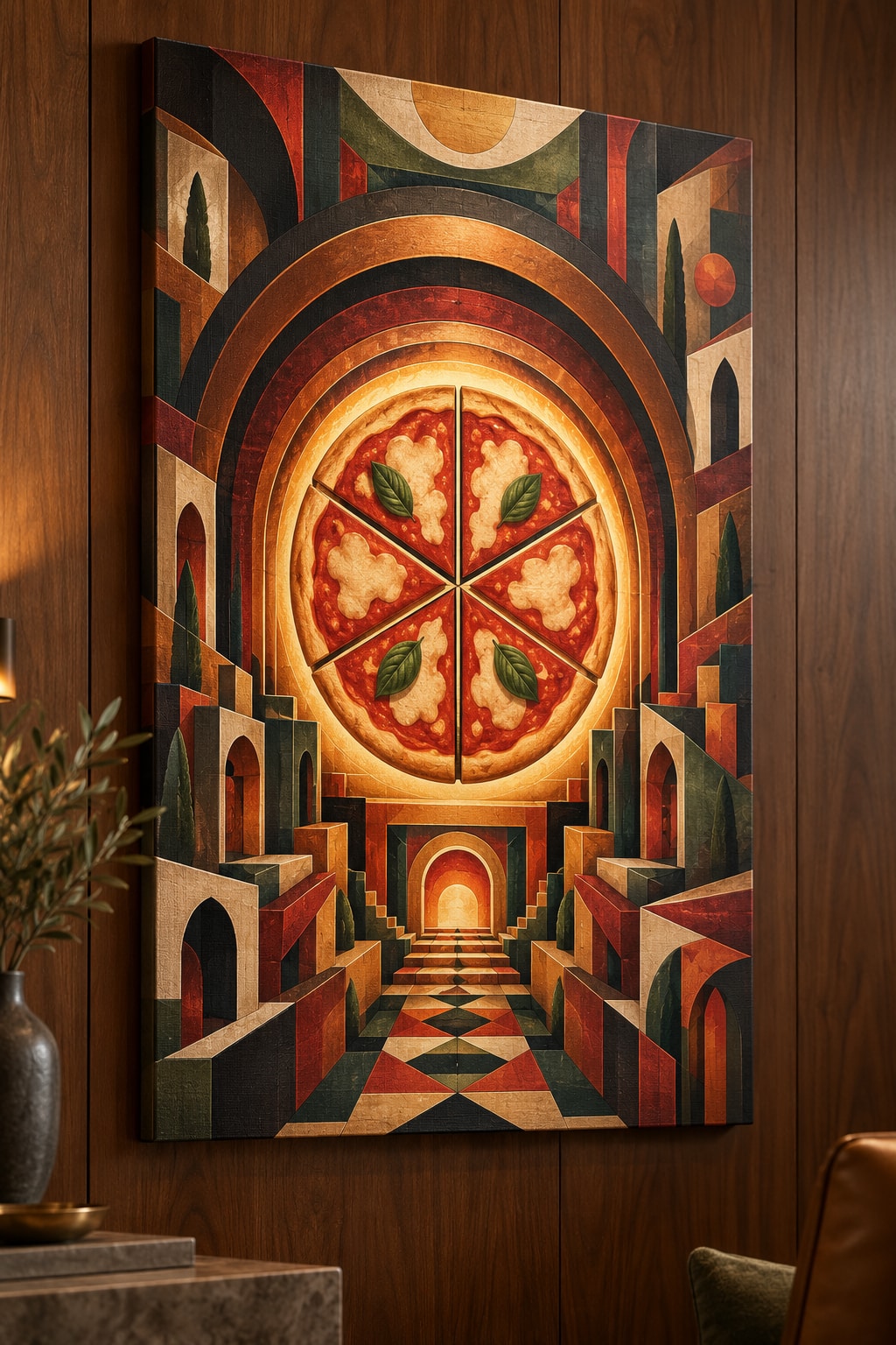 Pizza Night Ember Portal Stretched Canvas Wall Art with dimensional printed themed artwork; representative AI-generated mockup.