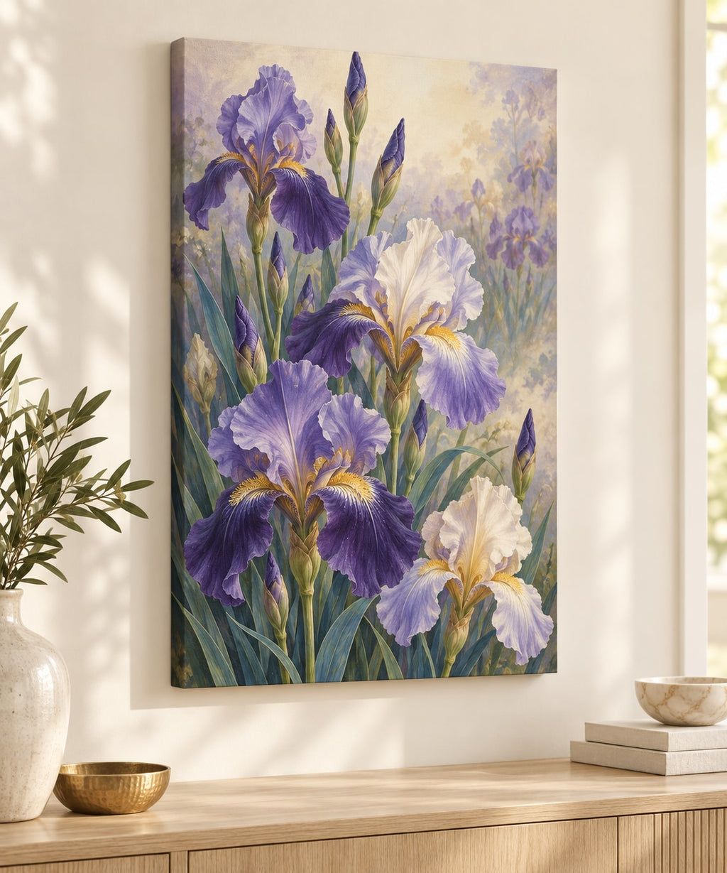 Iris Garden Stretched Canvas Wall Art with dimensional printed themed artwork; representative AI-generated mockup.