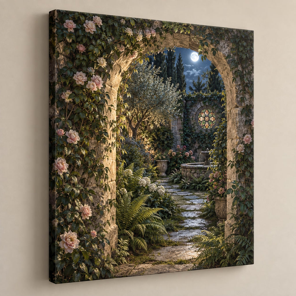 Secret Garden Library Stretched Canvas Wall Art with dimensional printed themed artwork; representative AI-generated mockup.