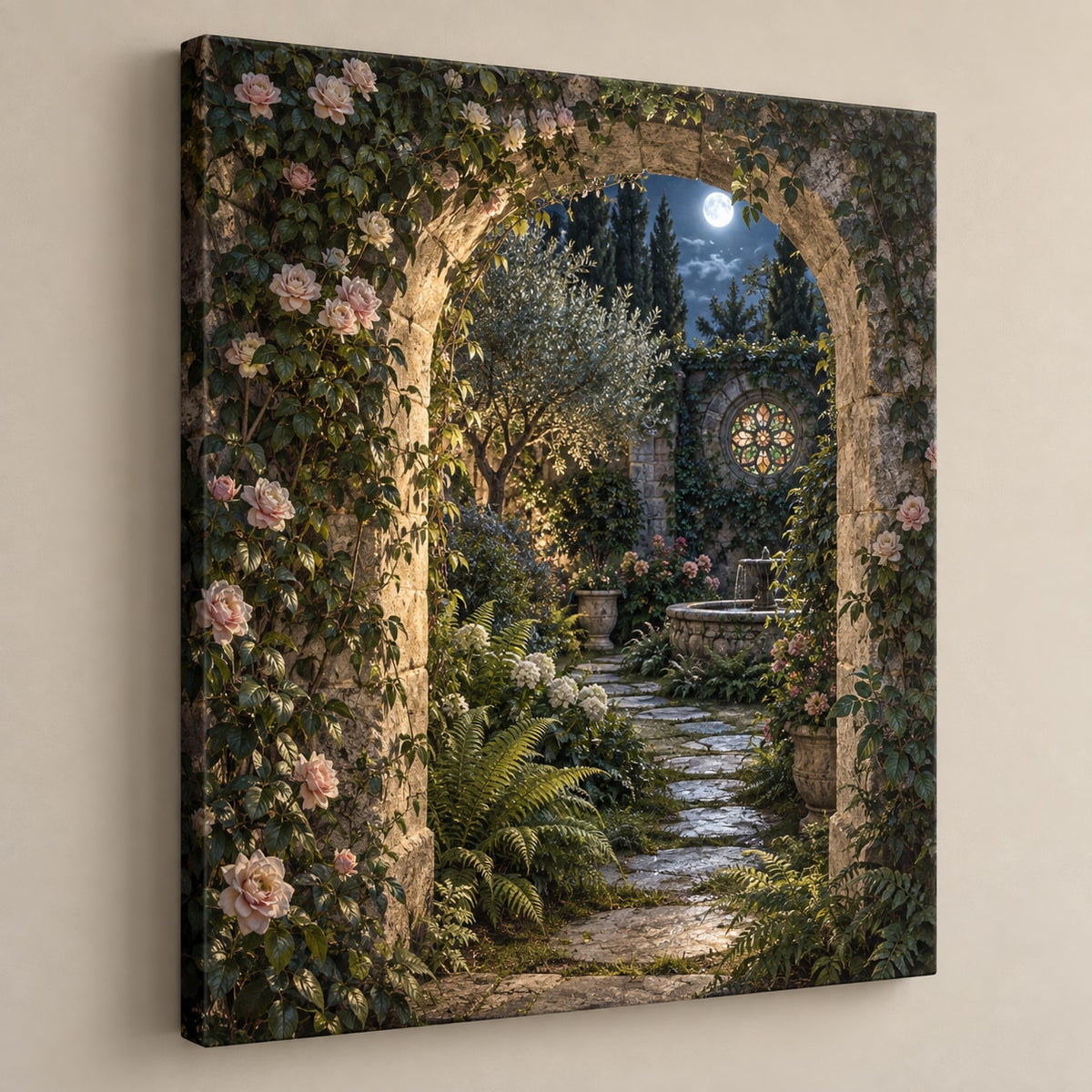 Secret Garden Library Stretched Canvas Wall Art with dimensional printed themed artwork; representative AI-generated mockup.