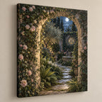 Secret Garden Library Stretched Canvas Wall Art with dimensional printed themed artwork; representative AI-generated mockup.