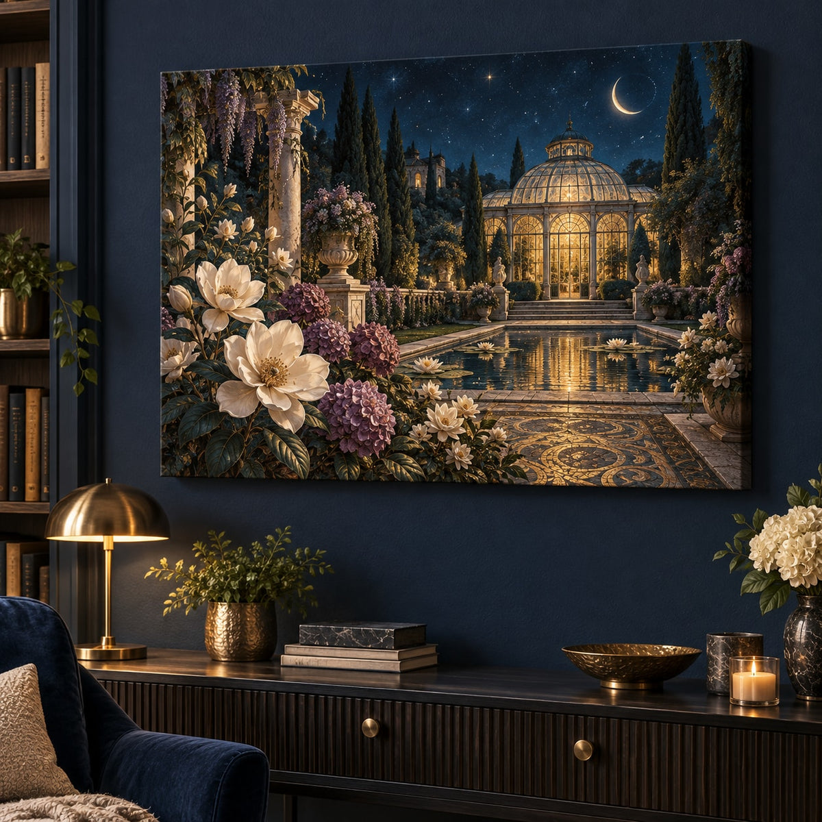 Celestial Botanical Garden Stretched Canvas Wall Art with dimensional printed themed artwork; representative AI-generated mockup.