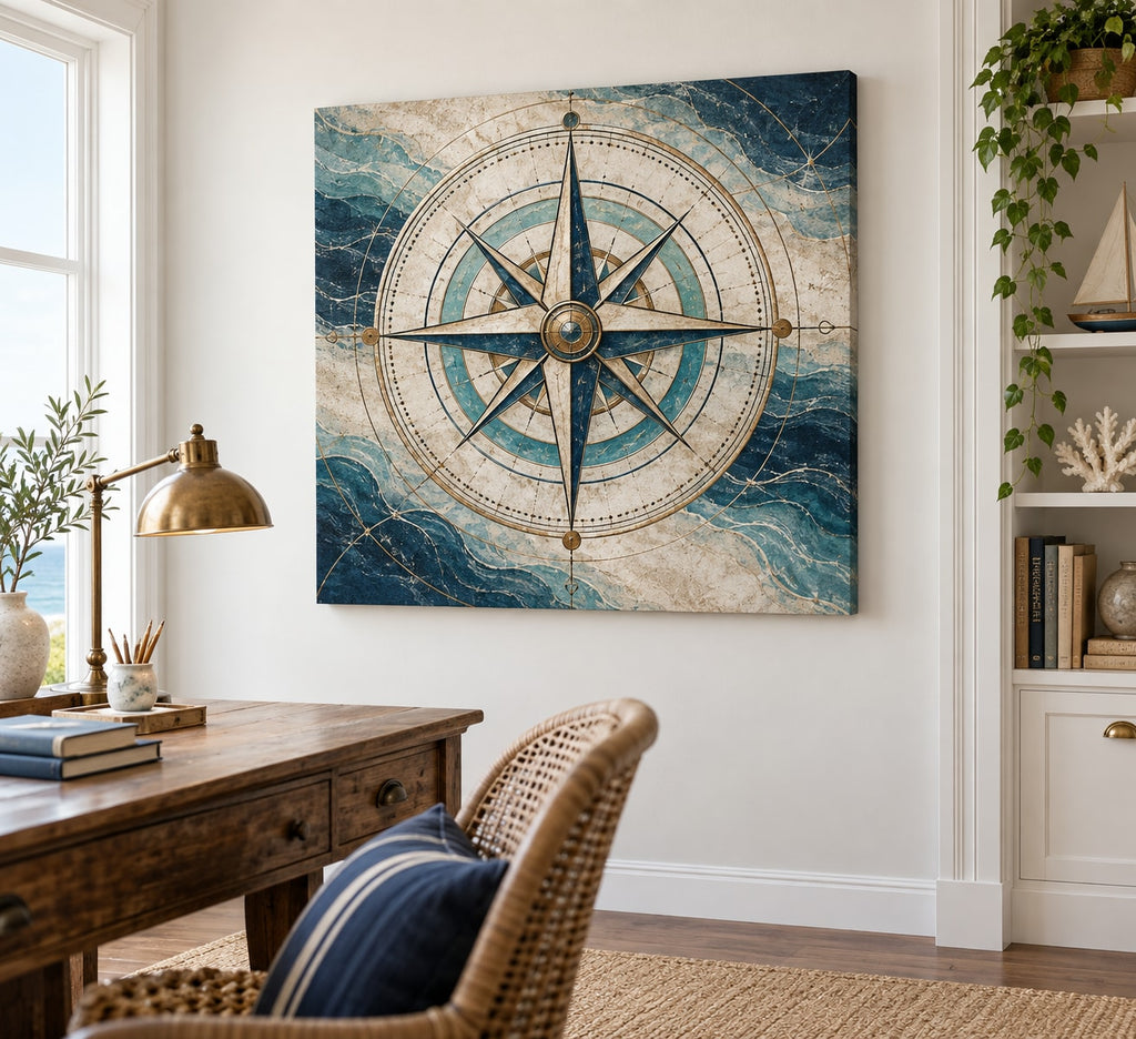 Nautical Compass Stretched Canvas Wall Art with dimensional printed themed artwork; representative AI-generated mockup.