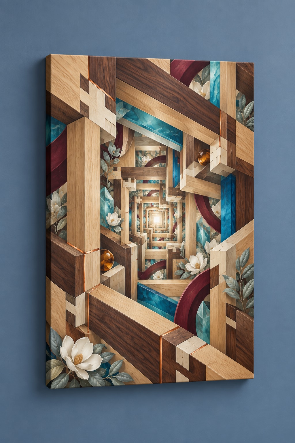Timber Joinery Atrium Stretched Canvas Wall Art with dimensional printed themed artwork; representative AI-generated mockup.