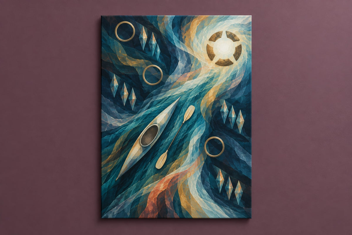 Riverglass Paddle Confluence Stretched Canvas Wall Art with dimensional printed themed artwork; representative AI-generated mockup.