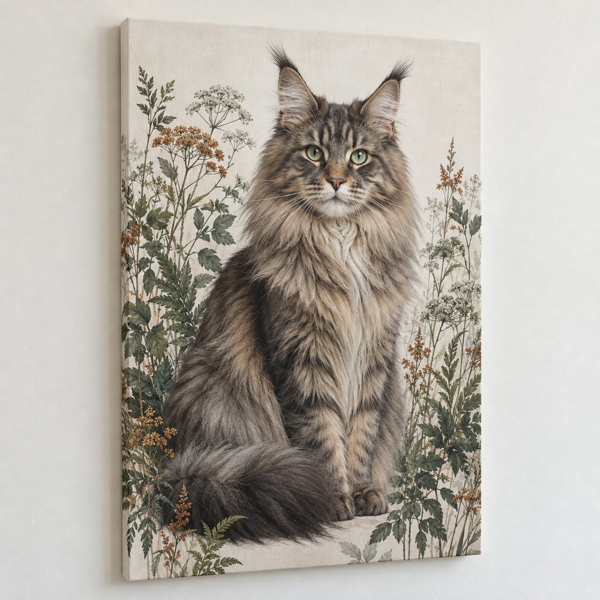 Maine Coon Cat Companion Stretched Canvas Wall Art with dimensional printed themed artwork; representative AI-generated mockup.
