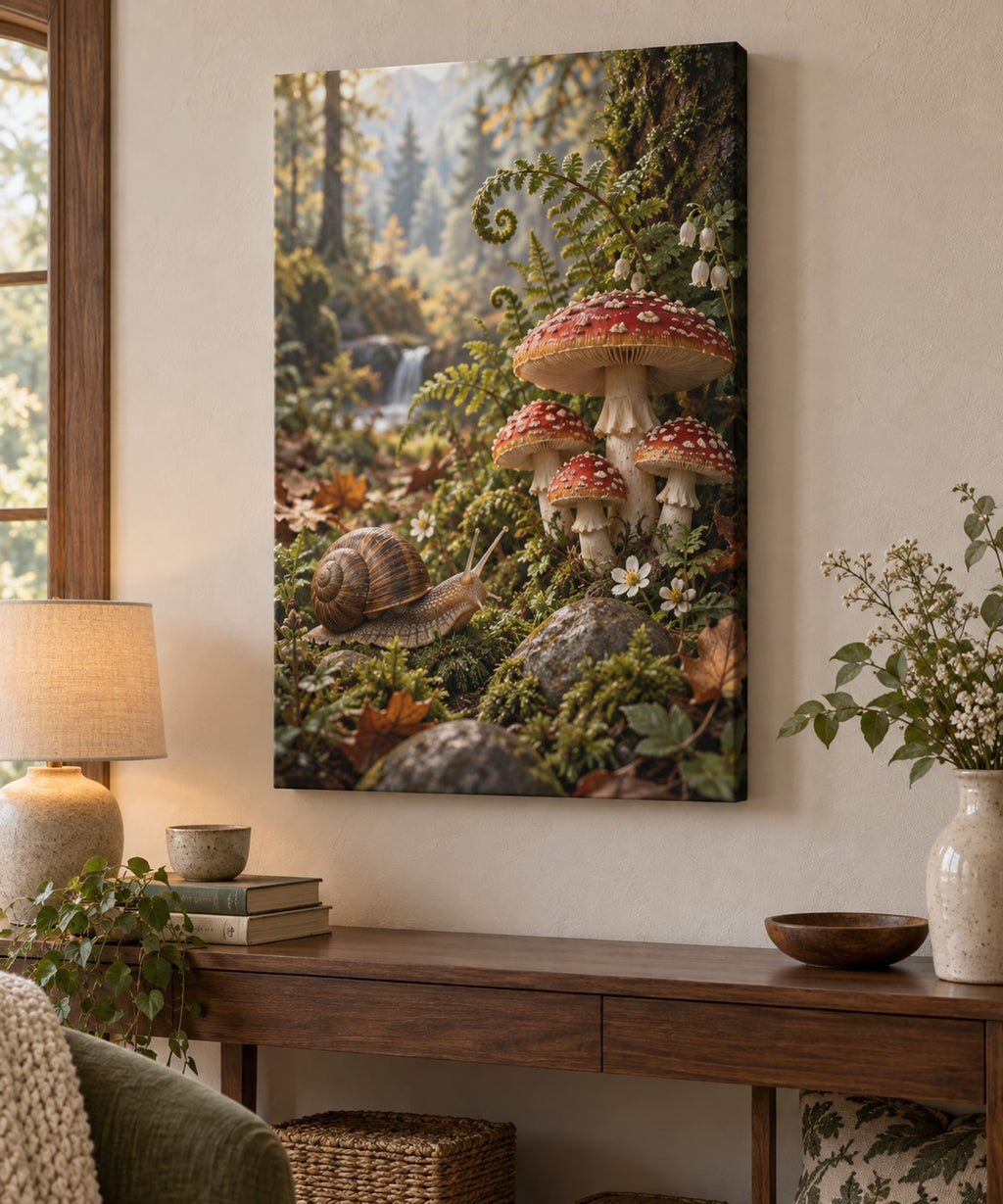 Snail and Toadstool Stretched Canvas Wall Art with dimensional printed themed artwork; representative AI-generated mockup.