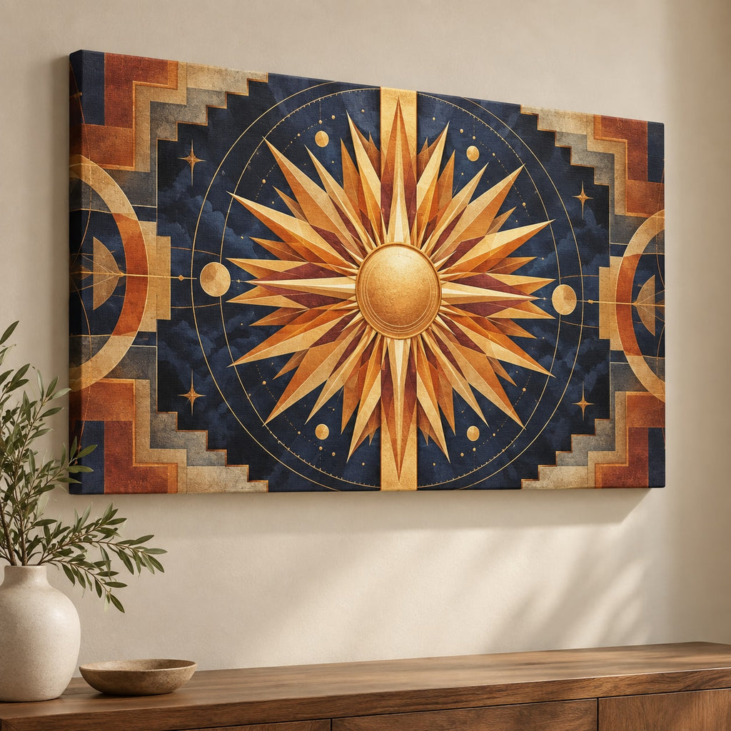 Geometric Sunburst Stretched Canvas Wall Art with dimensional printed themed artwork; representative AI-generated mockup.