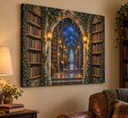Enchanted Library Arch Stretched Canvas Wall Art with dimensional printed themed artwork; representative AI-generated mockup.