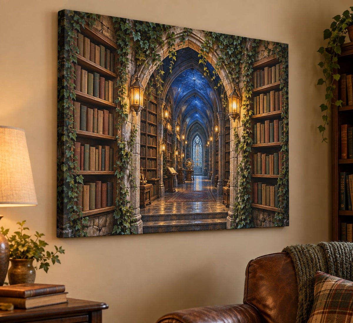 Enchanted Library Arch Stretched Canvas Wall Art with dimensional printed themed artwork; representative AI-generated mockup.